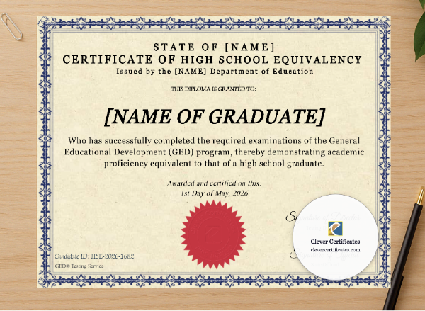 Professional preview of Certificate Of High School Equivalency certificate on high-quality stationery paper, ideal for showcasing the final look.