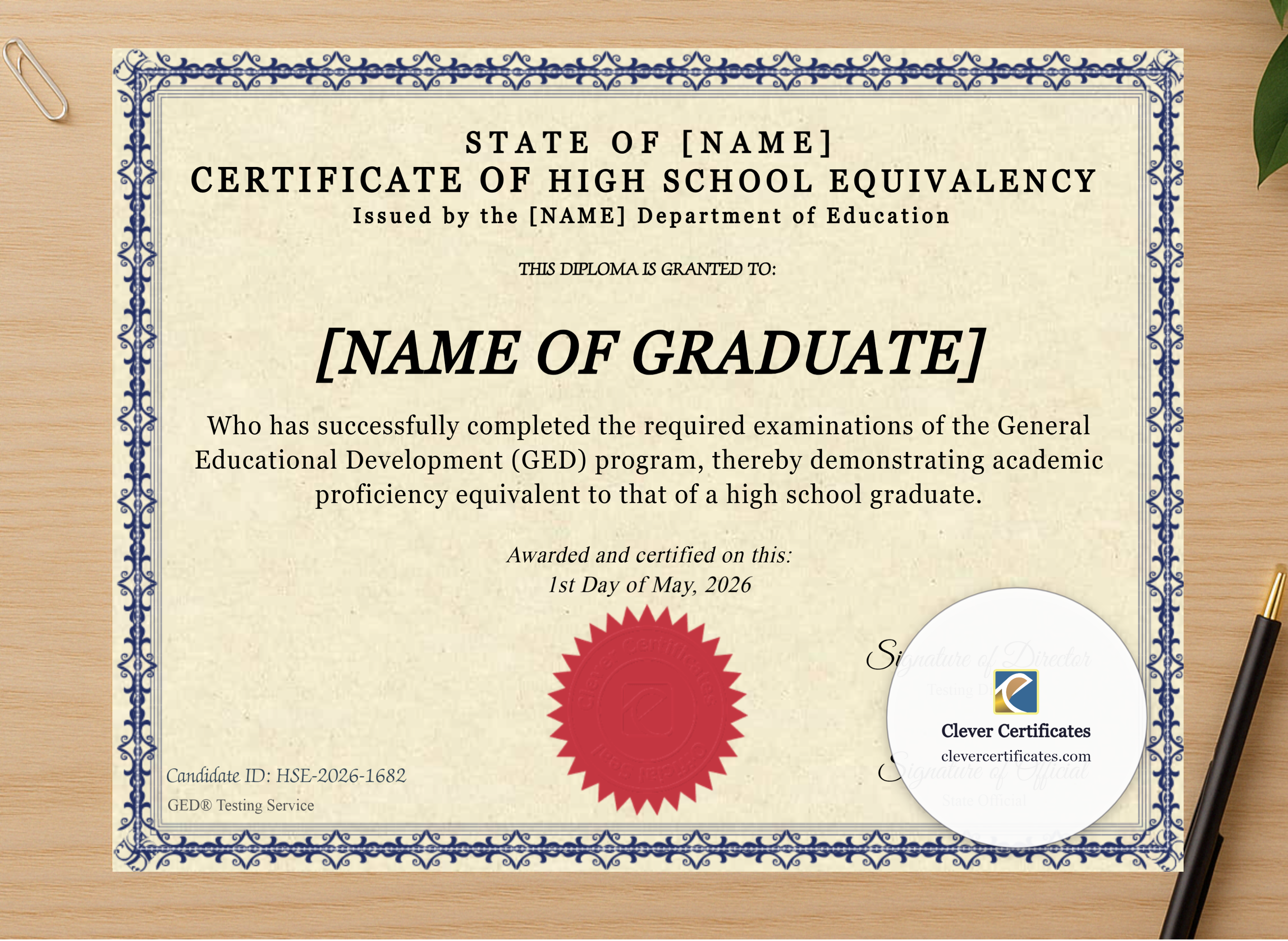 Professional preview of Certificate Of High School Equivalency certificate on high-quality stationery paper, ideal for showcasing the final look.