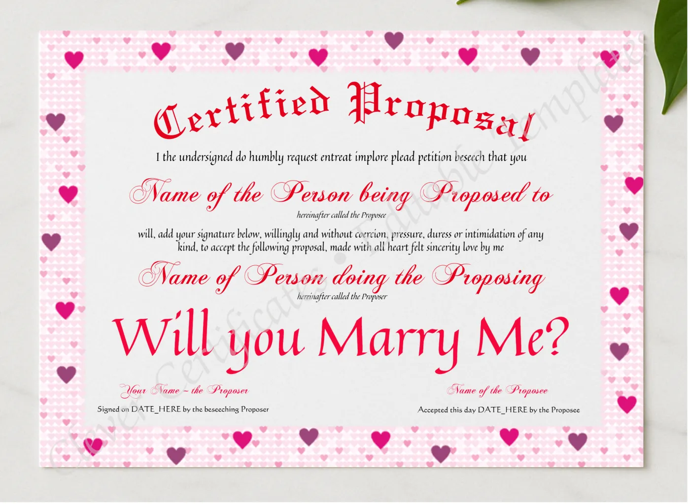 Certified Proposal presented in a sleek wooden frame, elegantly arranged on a stylish table.