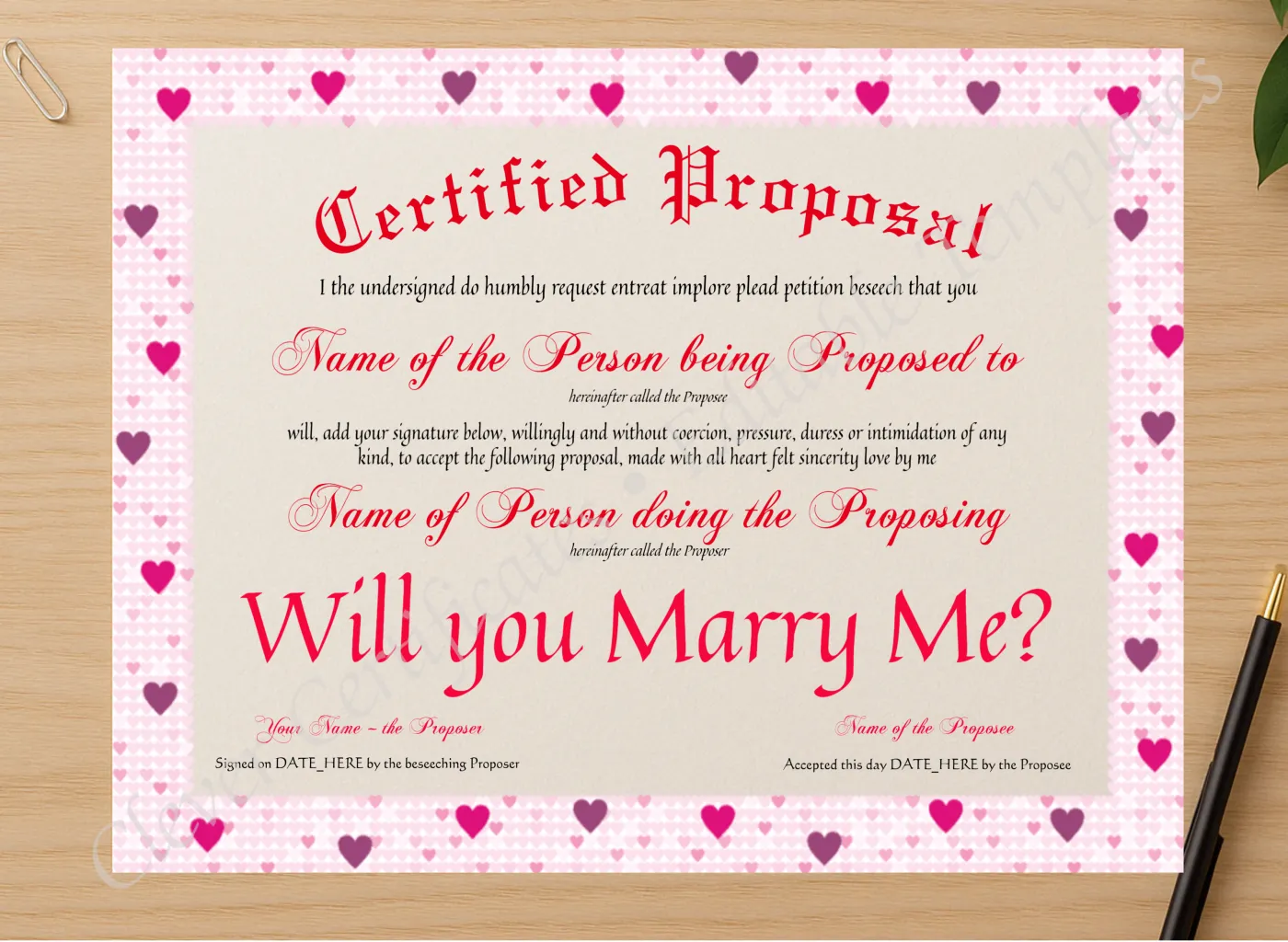 Professional preview of Certified Proposal certificate on high-quality stationery paper, ideal for showcasing the final look.