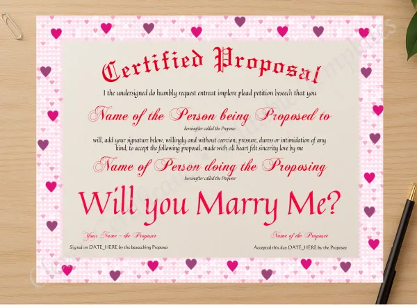 Professional preview of Certified Proposal certificate on high-quality stationery paper, ideal for showcasing the final look.