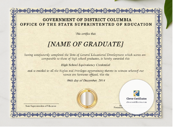 Editable British Columbia High School Equivalency Diploma Landscape presented in a sleek wooden frame, elegantly arranged on a stylish table.