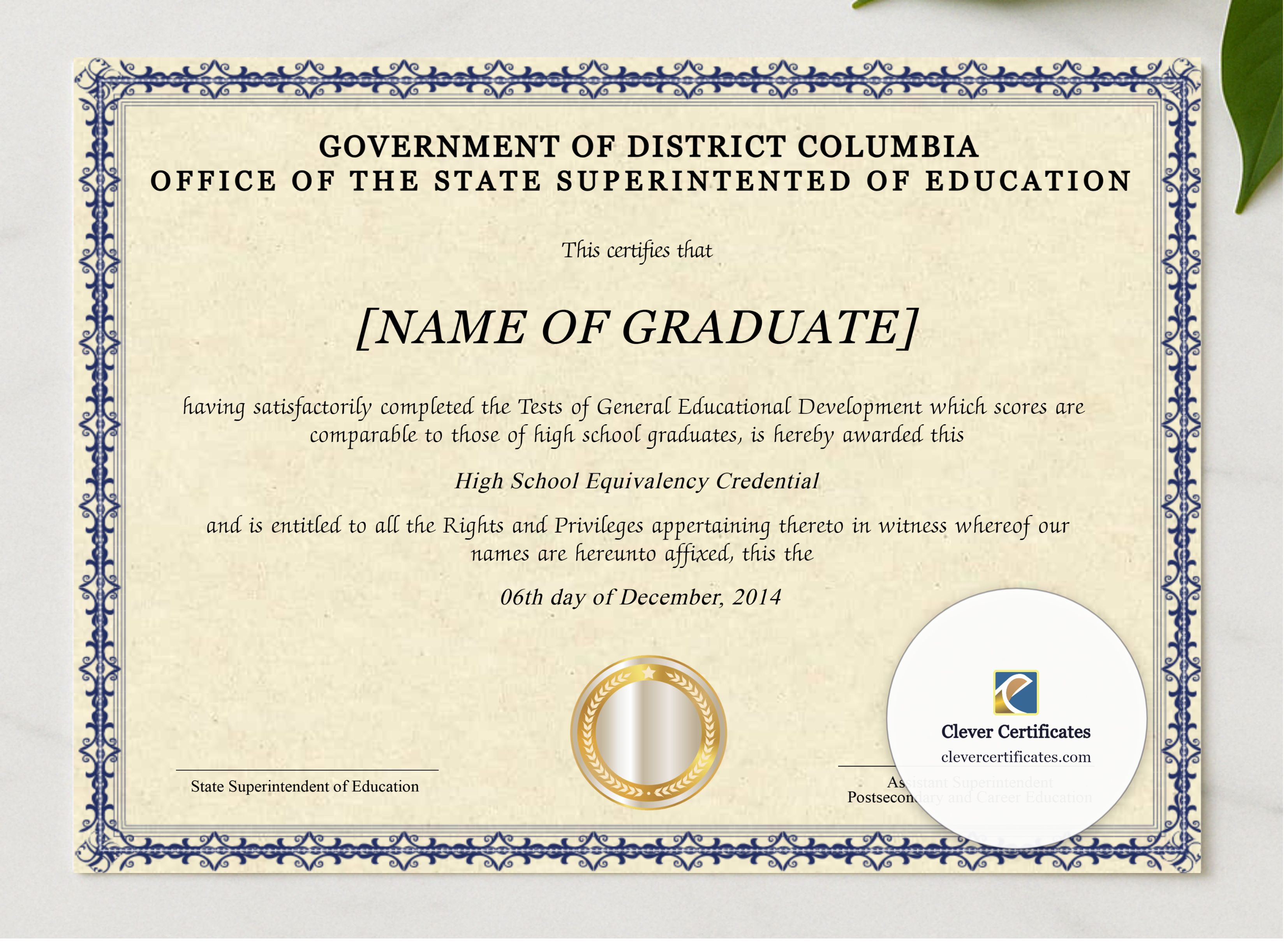 Editable British Columbia High School Equivalency Diploma Landscape presented in a sleek wooden frame, elegantly arranged on a stylish table.