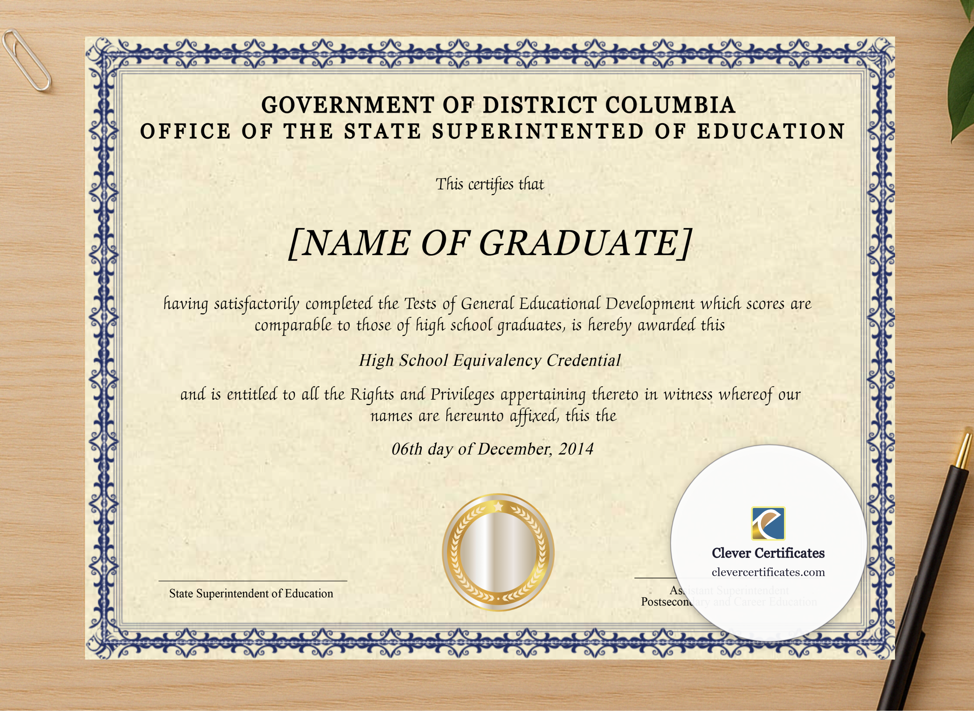 Professional preview of Editable British Columbia High School Equivalency Diploma Landscape certificate on high-quality stationery paper, ideal for showcasing the final look.