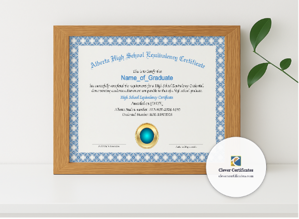 Realistic mockup featuring Editable Alberta High School Equivalency Diploma Landscape displayed within a modern frame, set against a minimalistic background.