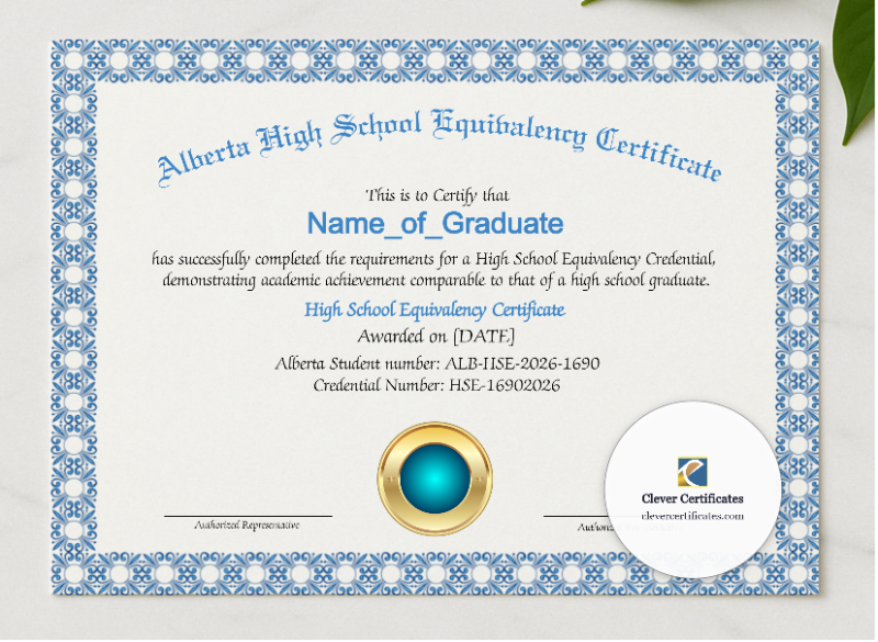 Editable Alberta High School Equivalency Diploma Landscape presented in a sleek wooden frame, elegantly arranged on a stylish table.