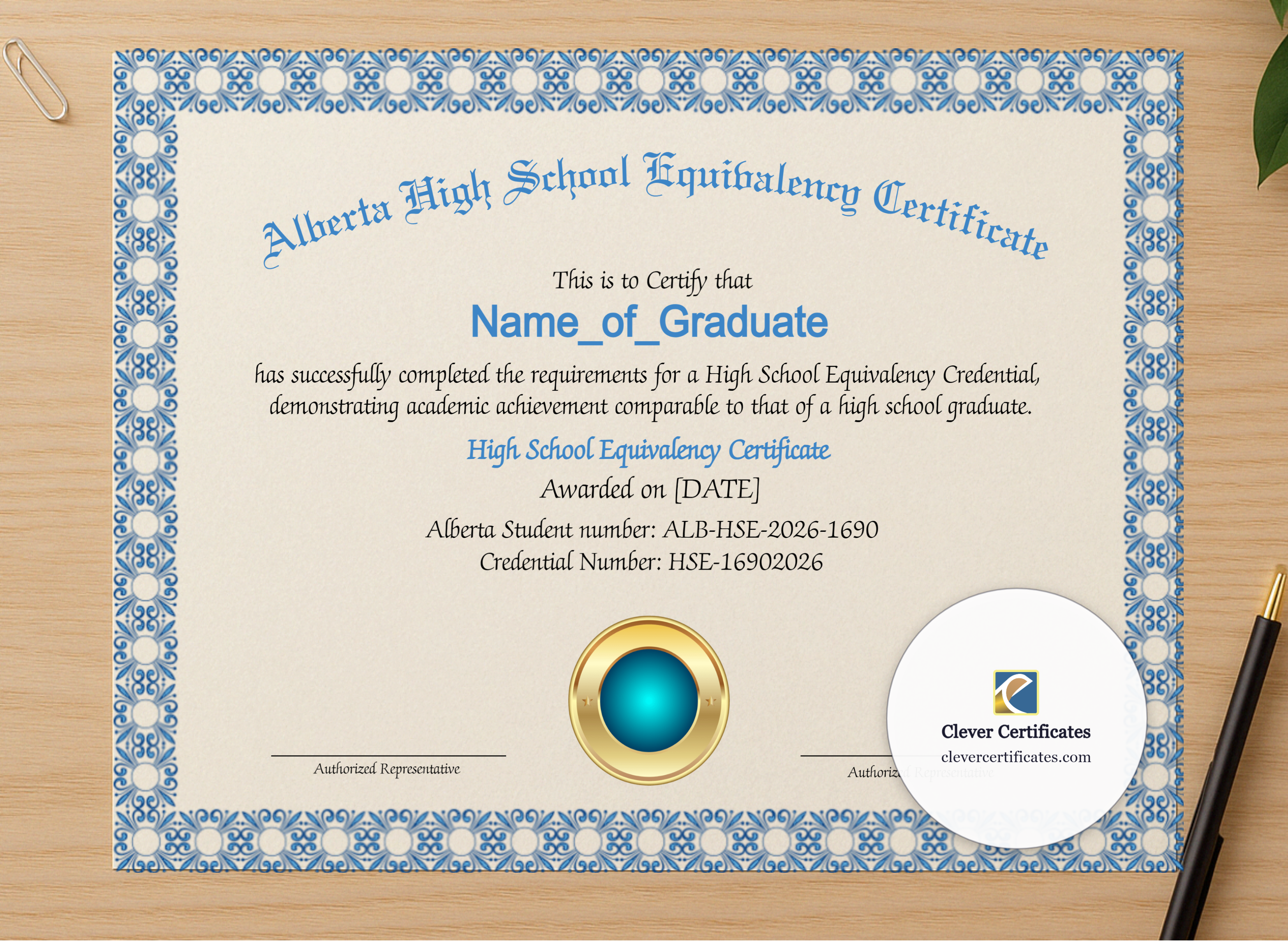 Professional preview of Editable Alberta High School Equivalency Diploma Landscape certificate on high-quality stationery paper, ideal for showcasing the final look.
