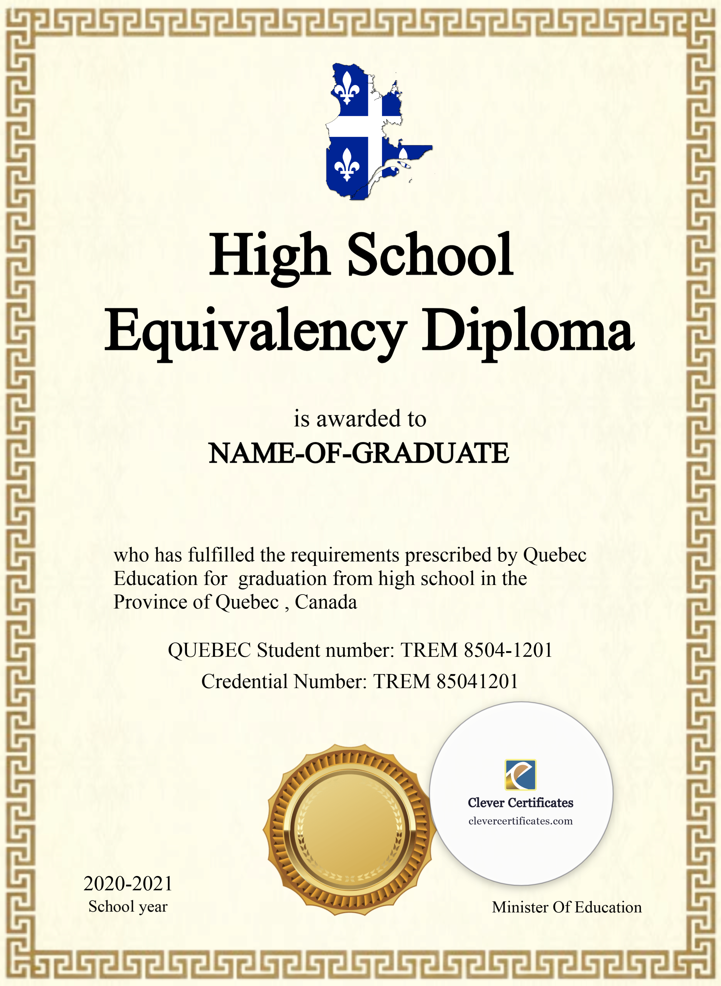 Printable Quebec High School Equivalency Diploma Portrait — Certificate Template Preview
