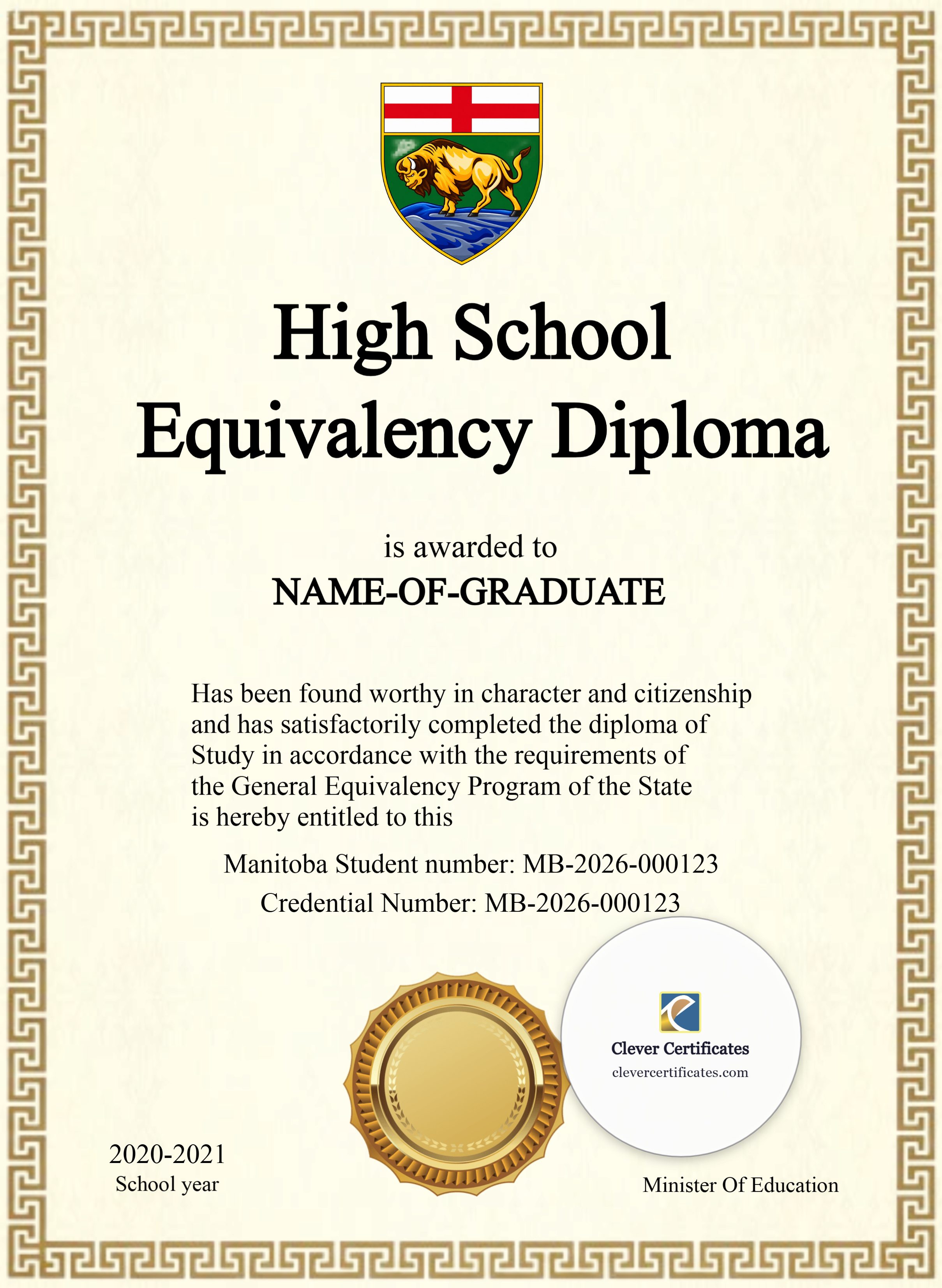Editable Manitoba High School Equivalency Diploma Portrait — Certificate Template Preview