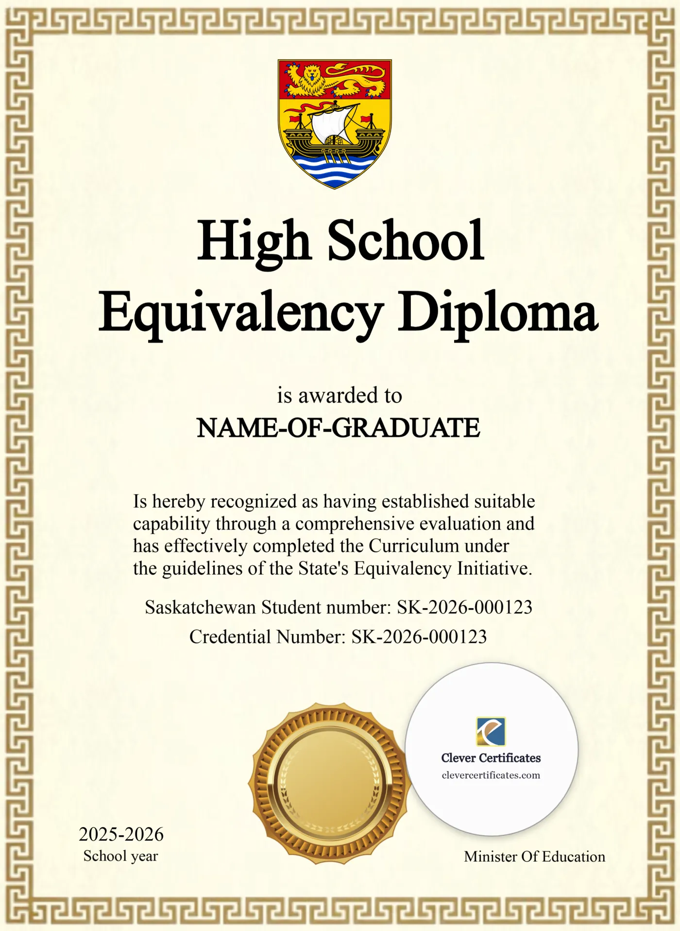 Editable Saskatchewan High School Equivalency Diploma Portrait — Certificate Template Preview