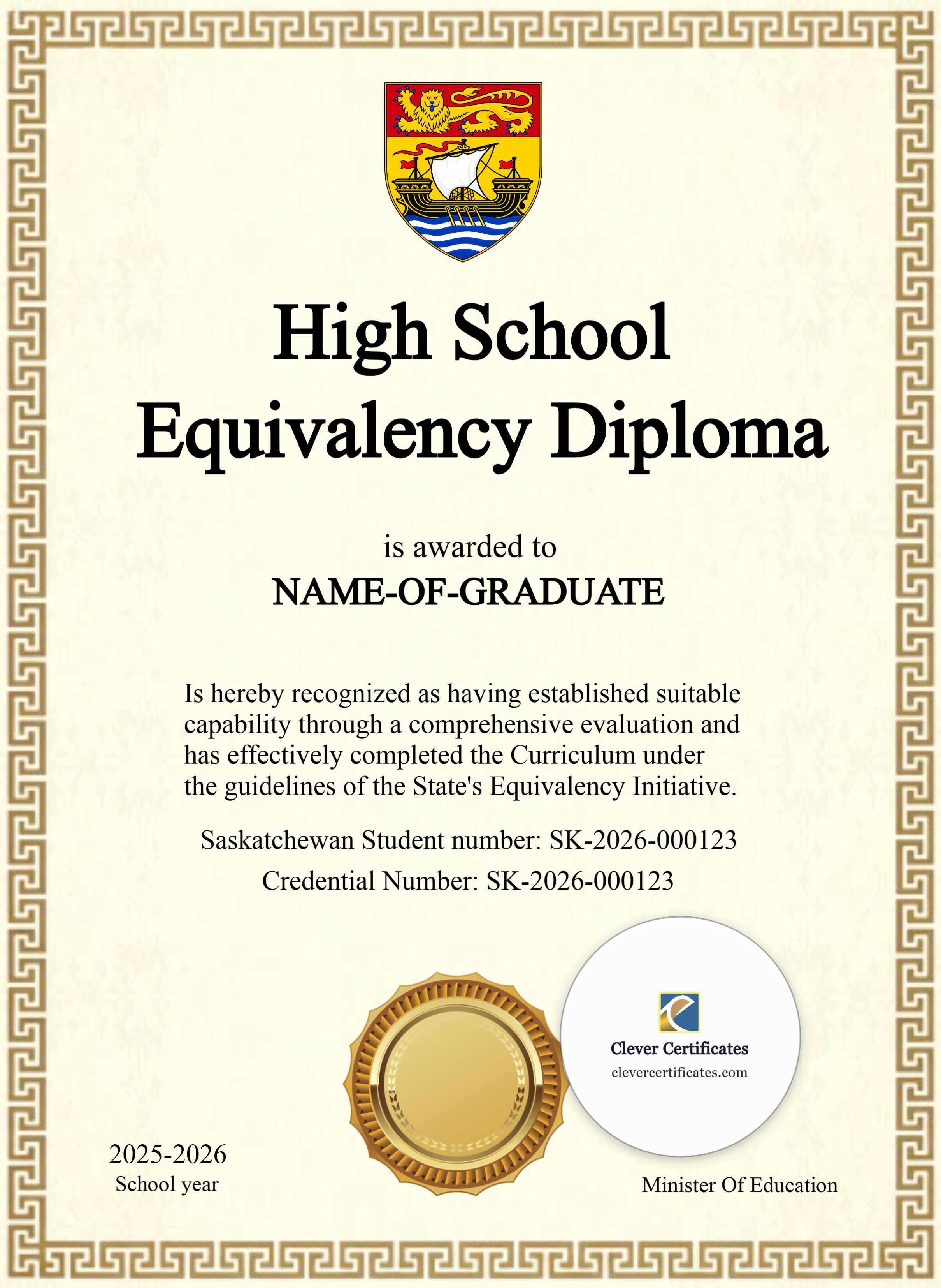 Editable Saskatchewan High School Equivalency Diploma Portrait — Certificate Template Preview