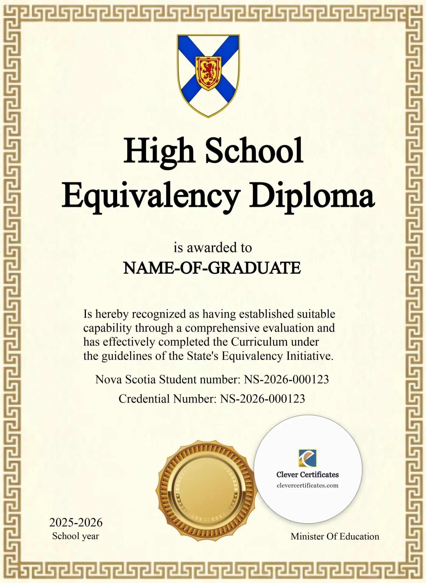 Editable Nova Scotia High School Equivalency Diploma Portrait — Certificate Template Preview