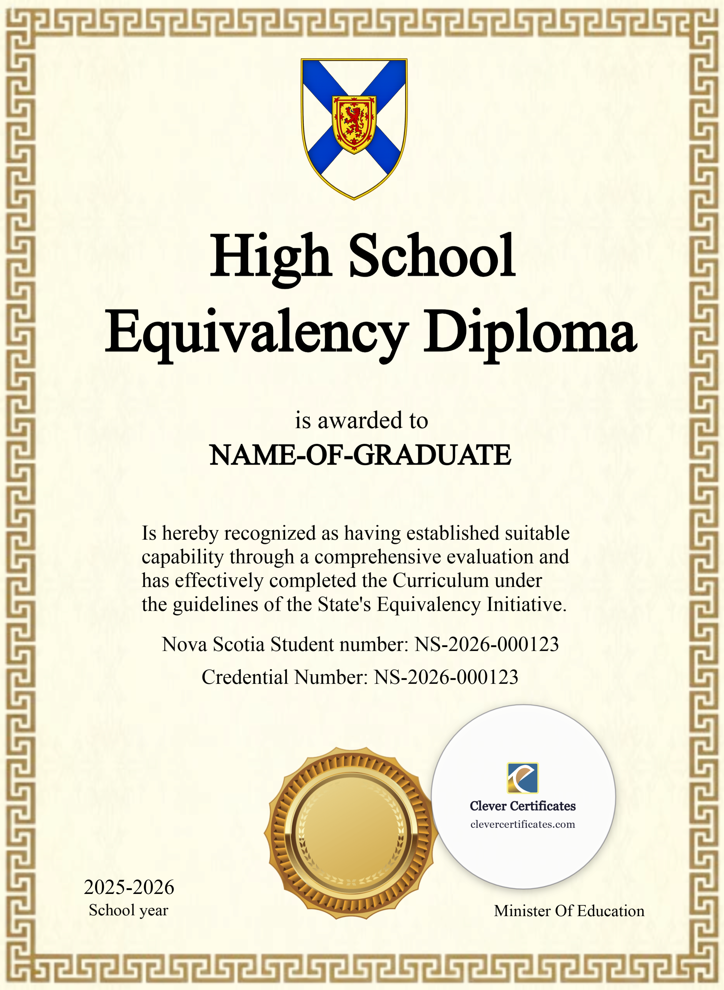 Editable Nova Scotia High School Equivalency Diploma Portrait — Certificate Template Preview