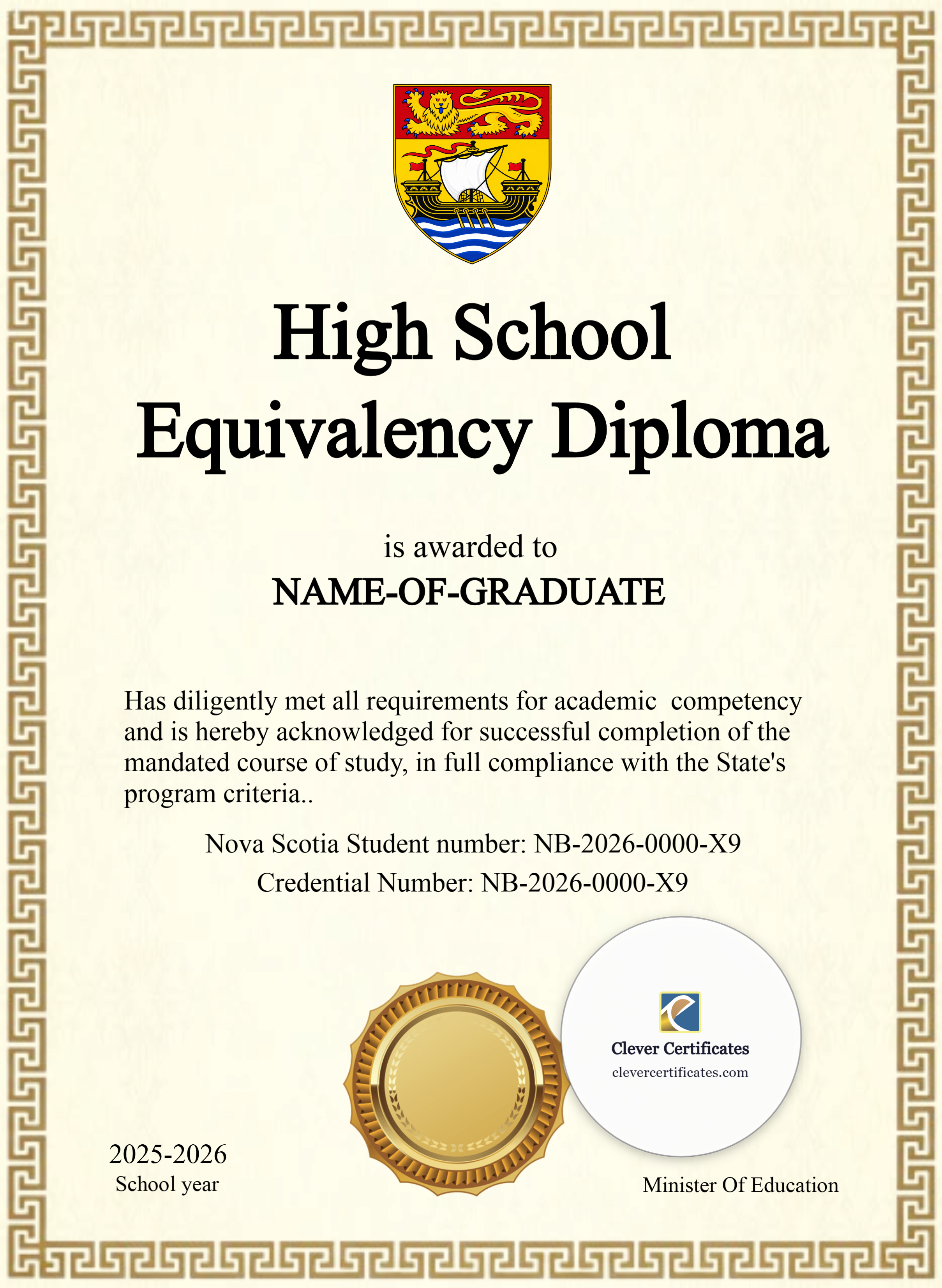 Editable New Brunswick High School Equivalency Diploma Portrait — Certificate Template Preview