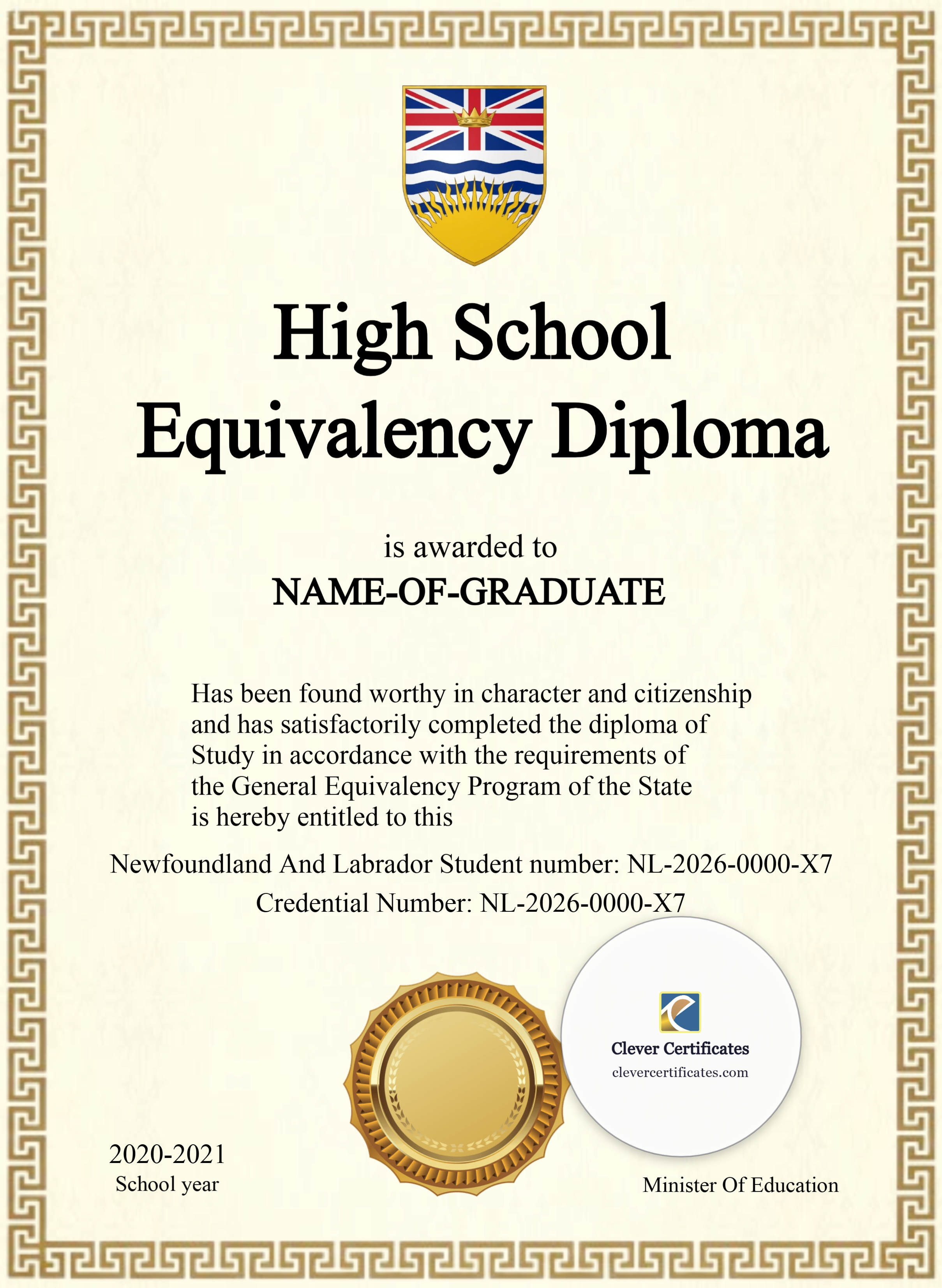 Editable Newfoundland And Labrador High School Equivalency Diploma Portrait — Certificate Template Preview