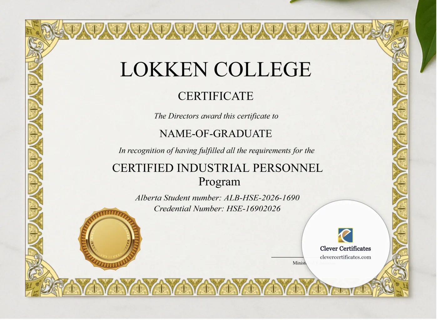 Printable Alberta High School Equivalency Diploma Landscape presented in a sleek wooden frame, elegantly arranged on a stylish table.