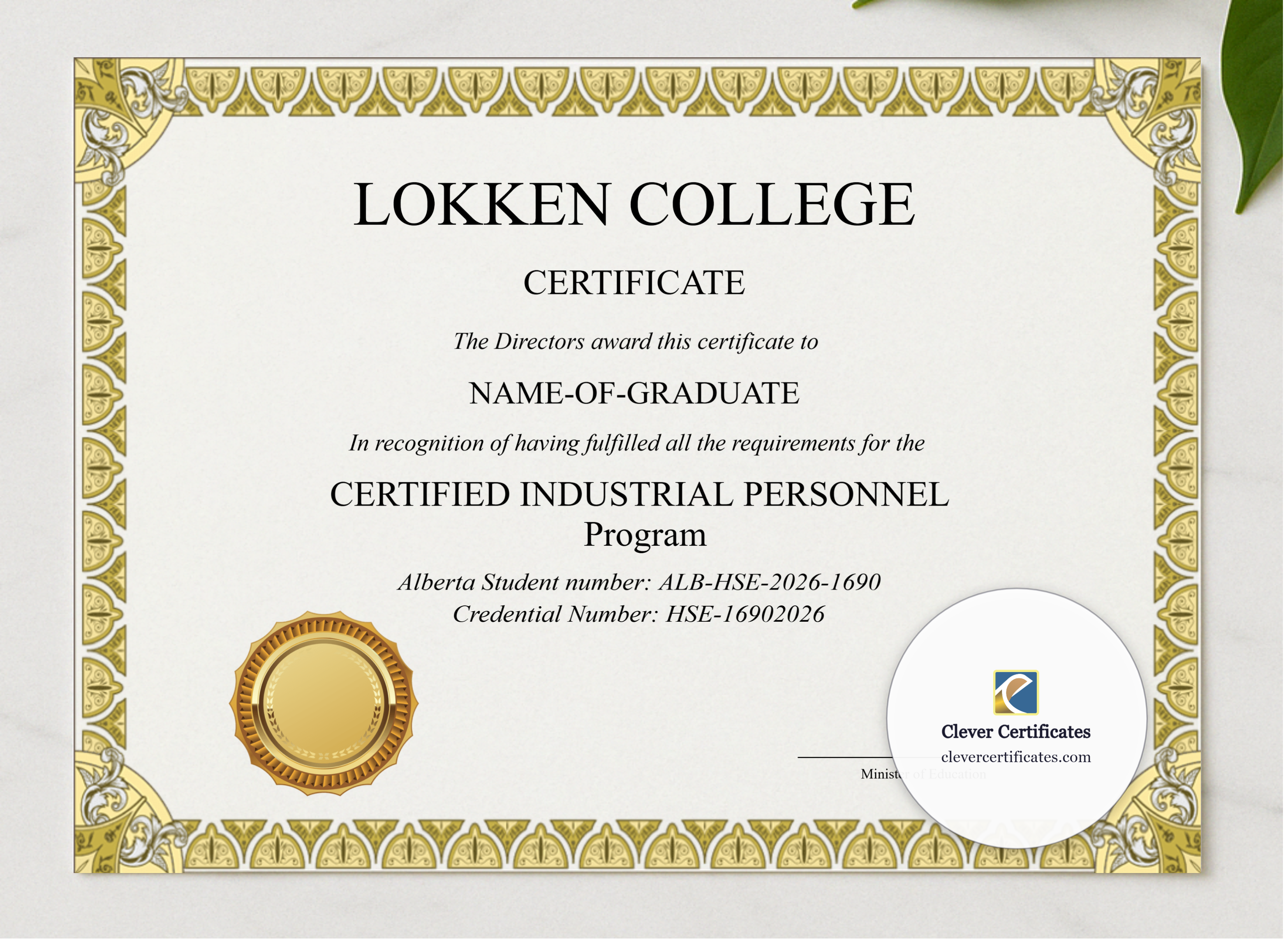 Printable Alberta High School Equivalency Diploma Landscape presented in a sleek wooden frame, elegantly arranged on a stylish table.
