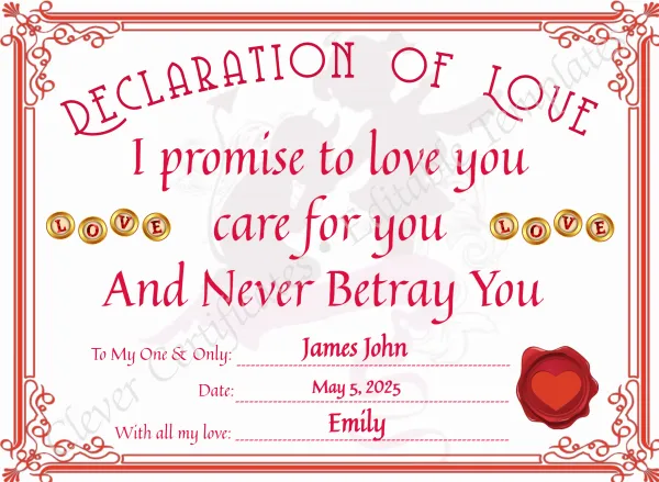Declaration Of Love Certificate