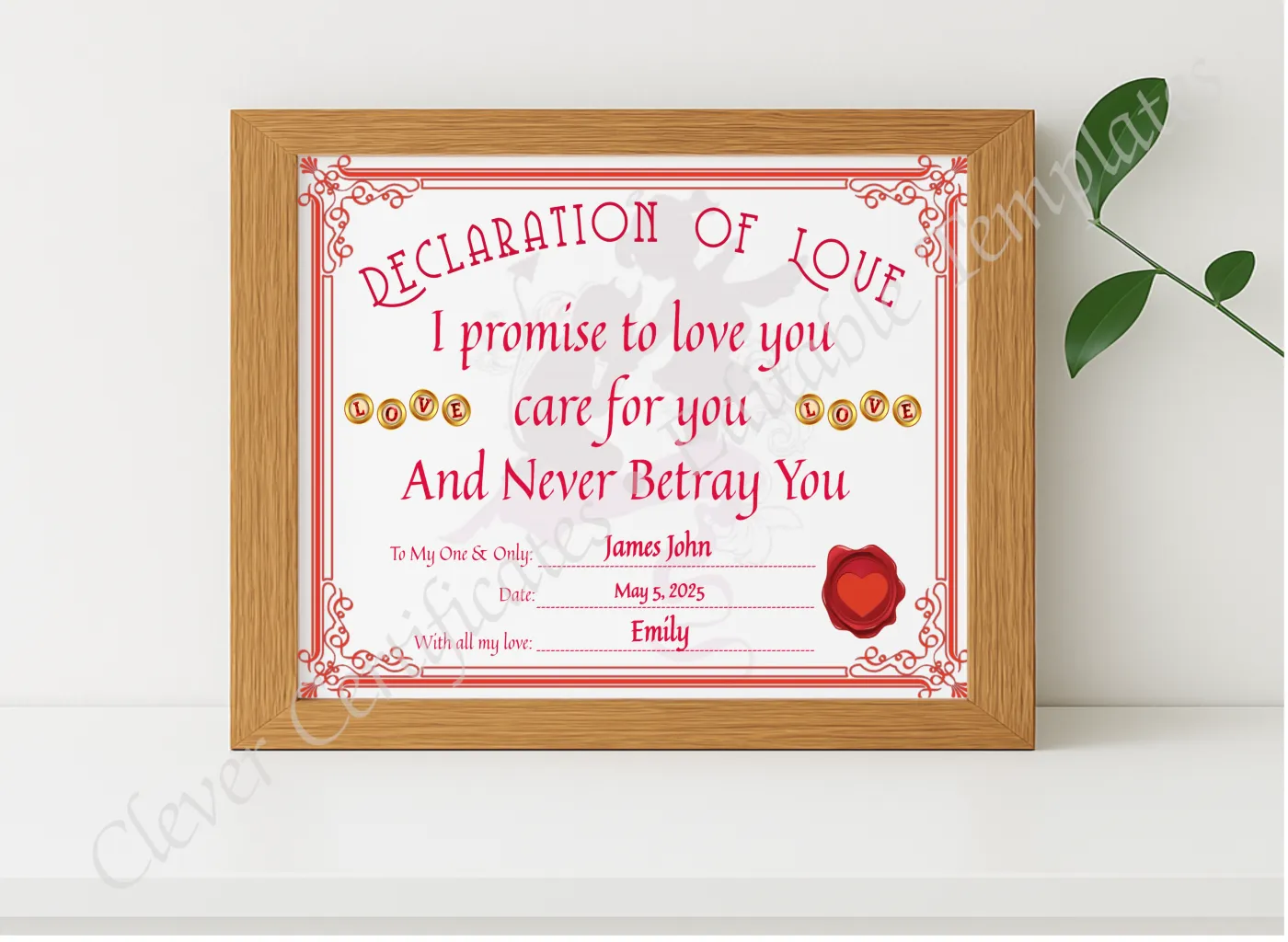 Realistic mockup featuring Declaration Of Love Certificate displayed within a modern frame, set against a minimalistic background.