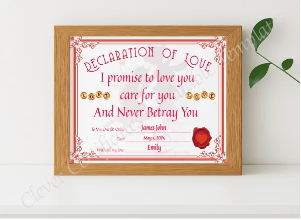 Realistic mockup featuring Declaration Of Love Certificate displayed within a modern frame, set against a minimalistic background.