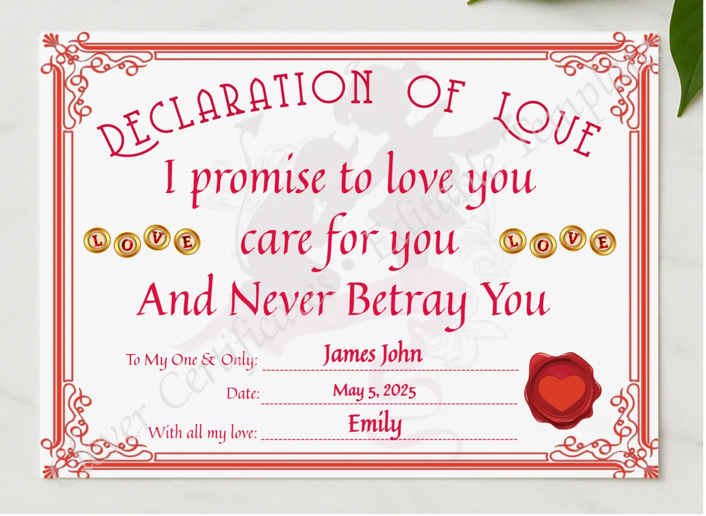 Declaration Of Love Certificate presented in a sleek wooden frame, elegantly arranged on a stylish table.
