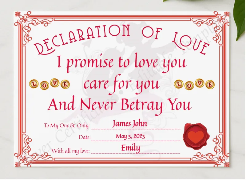 Declaration Of Love Certificate presented in a sleek wooden frame, elegantly arranged on a stylish table.