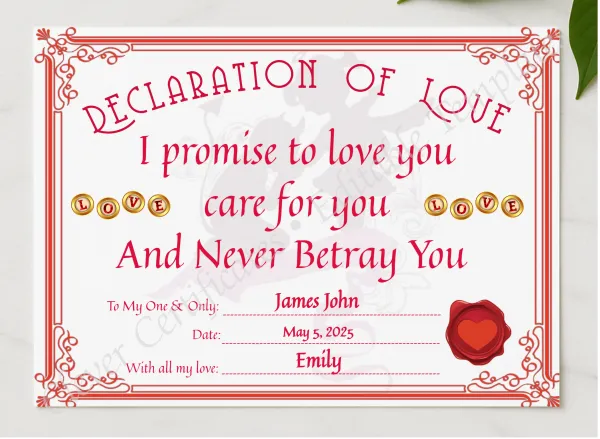 Declaration Of Love Certificate presented in a sleek wooden frame, elegantly arranged on a stylish table.