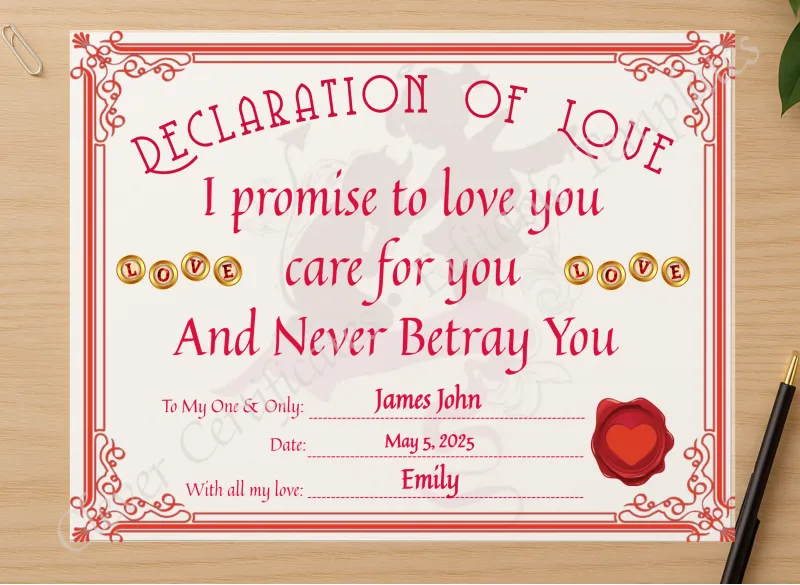 Professional preview of Declaration Of Love Certificate certificate on high-quality stationery paper, ideal for showcasing the final look.