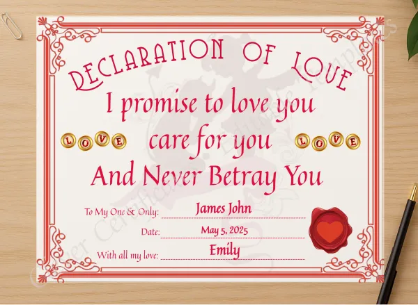 Professional preview of Declaration Of Love Certificate certificate on high-quality stationery paper, ideal for showcasing the final look.