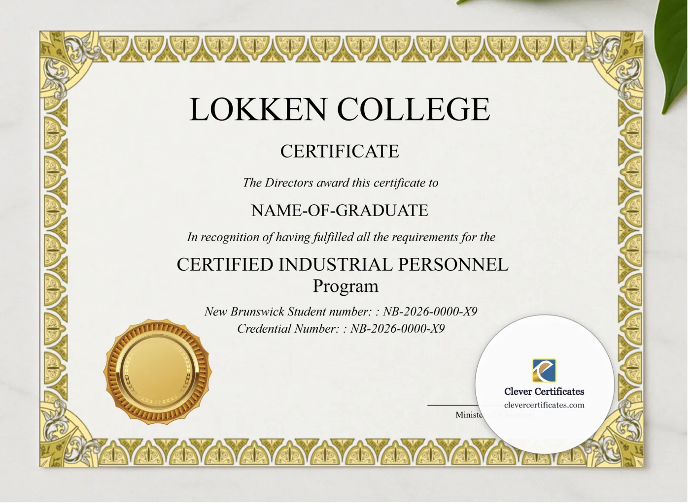 Editable New Brunswick High School Equivalency Diploma Landscape presented in a sleek wooden frame, elegantly arranged on a stylish table.