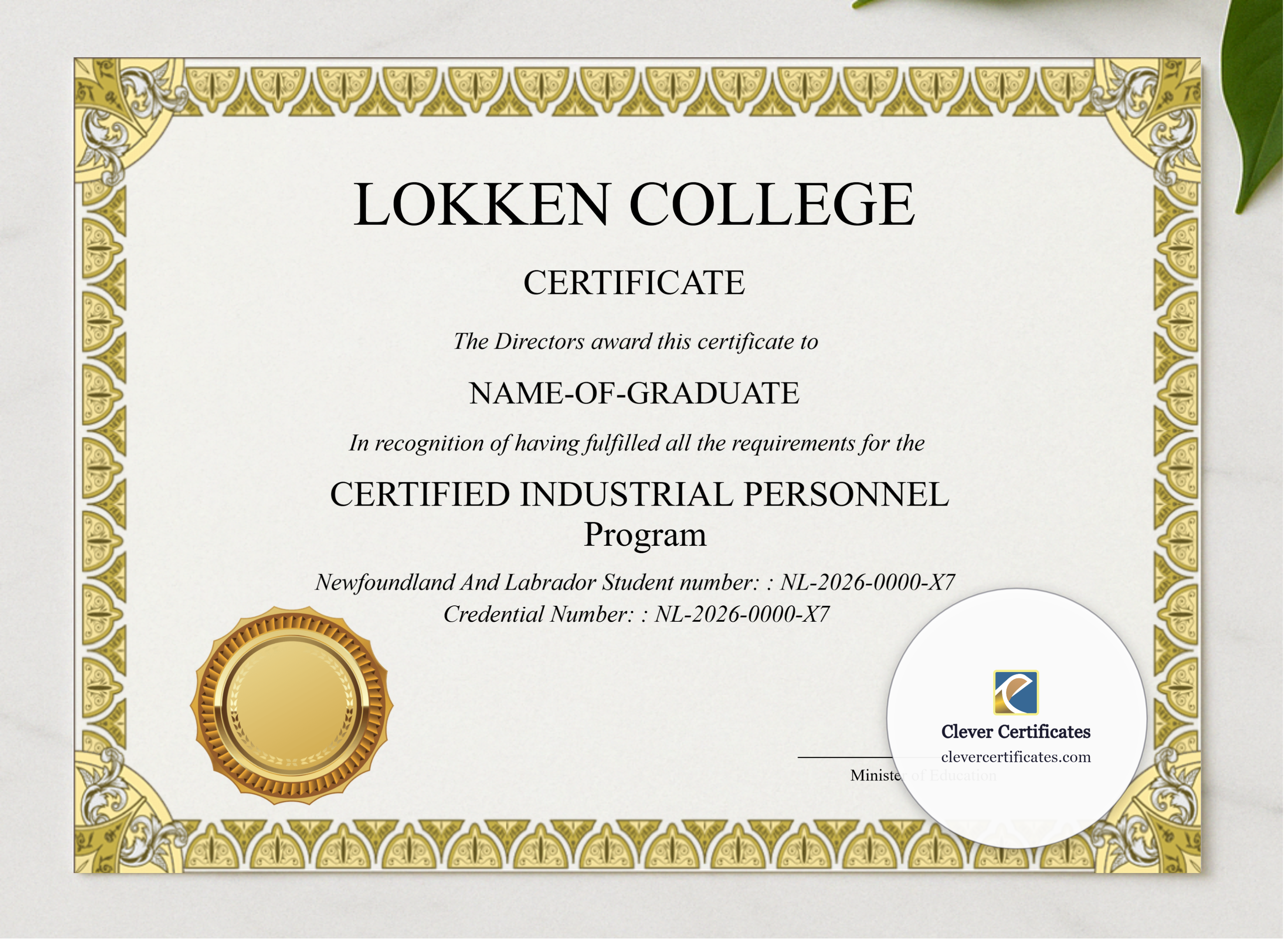 Editable Newfoundland And Labrador High School Equivalency Diploma Landscape presented in a sleek wooden frame, elegantly arranged on a stylish table.