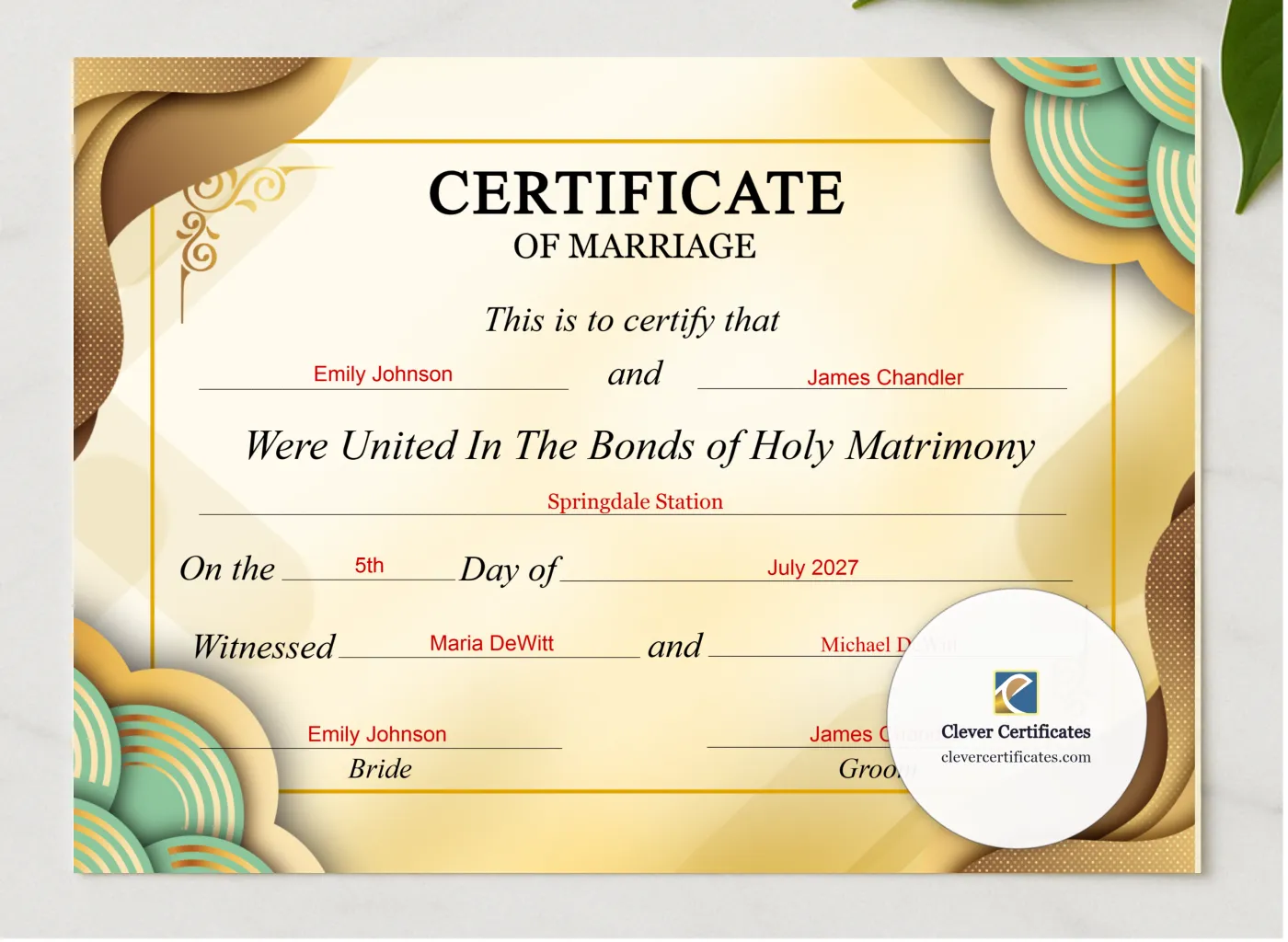 Wedding Marriage Certificate US Letter Landscape presented in a sleek wooden frame, elegantly arranged on a stylish table.