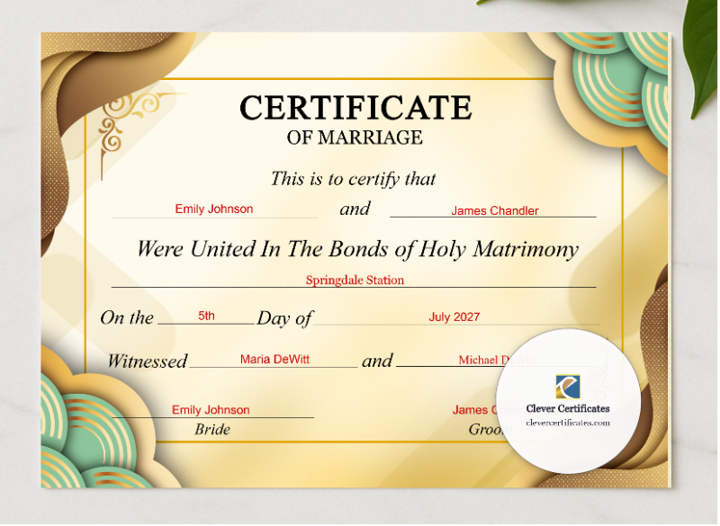 Wedding Marriage Certificate US Letter Landscape presented in a sleek wooden frame, elegantly arranged on a stylish table.
