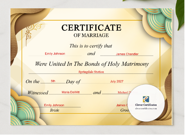 Wedding Marriage Certificate US Letter Landscape presented in a sleek wooden frame, elegantly arranged on a stylish table.