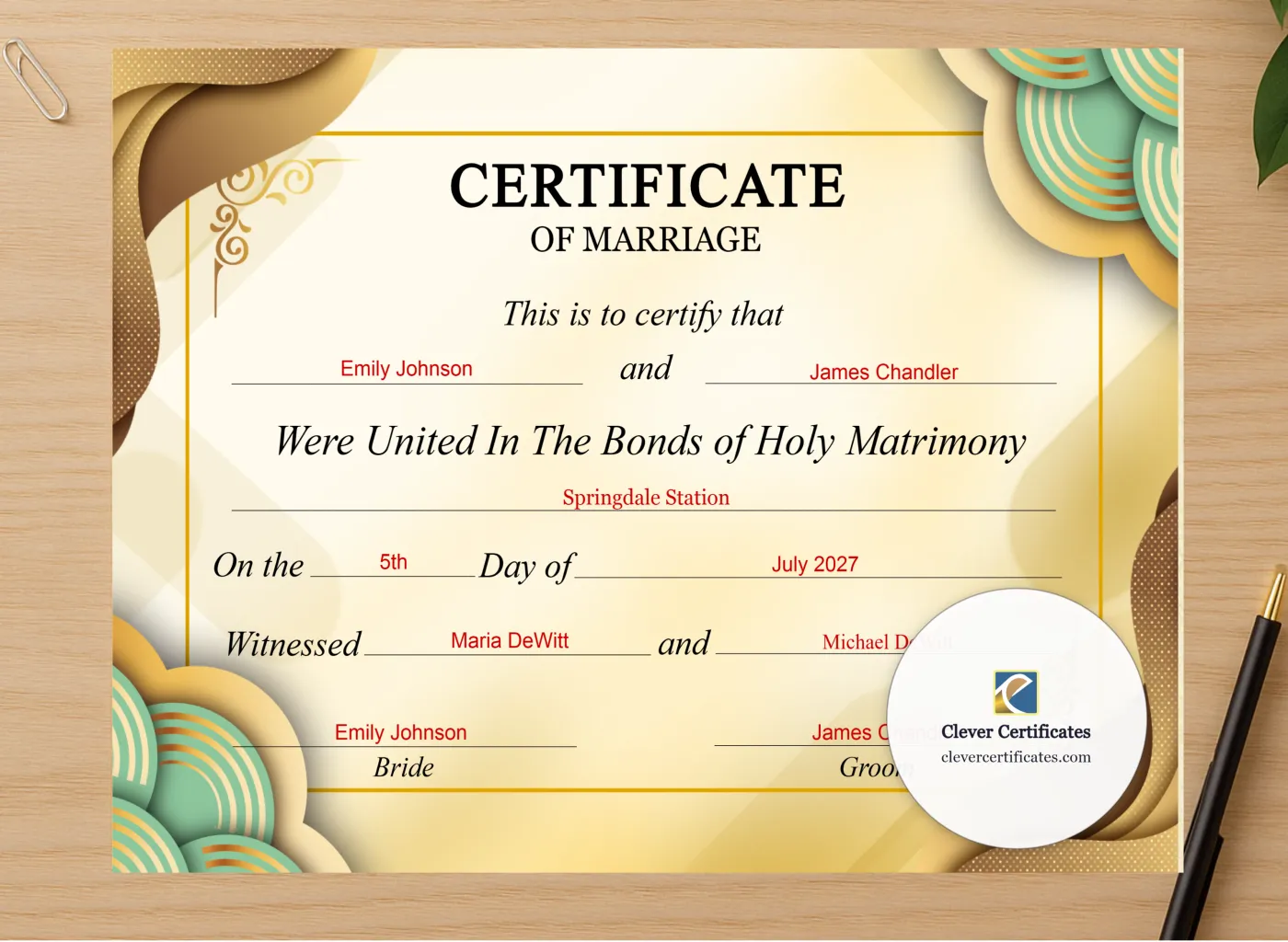 Professional preview of Wedding Marriage Certificate US Letter Landscape certificate on high-quality stationery paper, ideal for showcasing the final look.