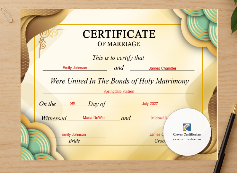 Professional preview of Wedding Marriage Certificate US Letter Landscape certificate on high-quality stationery paper, ideal for showcasing the final look.
