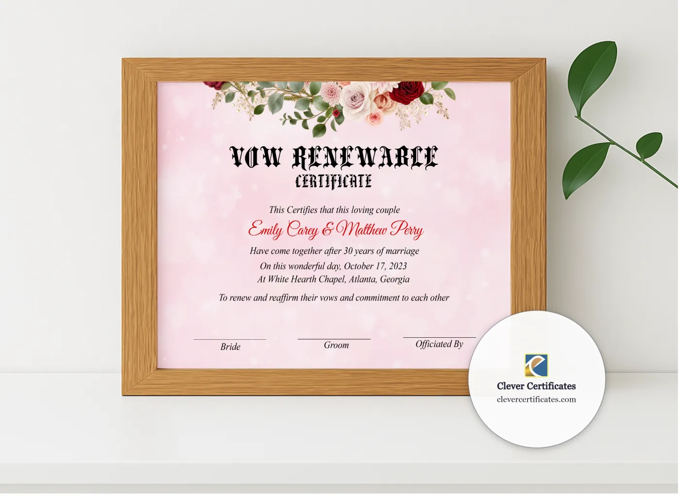 Realistic mockup featuring Vow Renewal Certificate US Letter Landscape displayed within a modern frame, set against a minimalistic background.