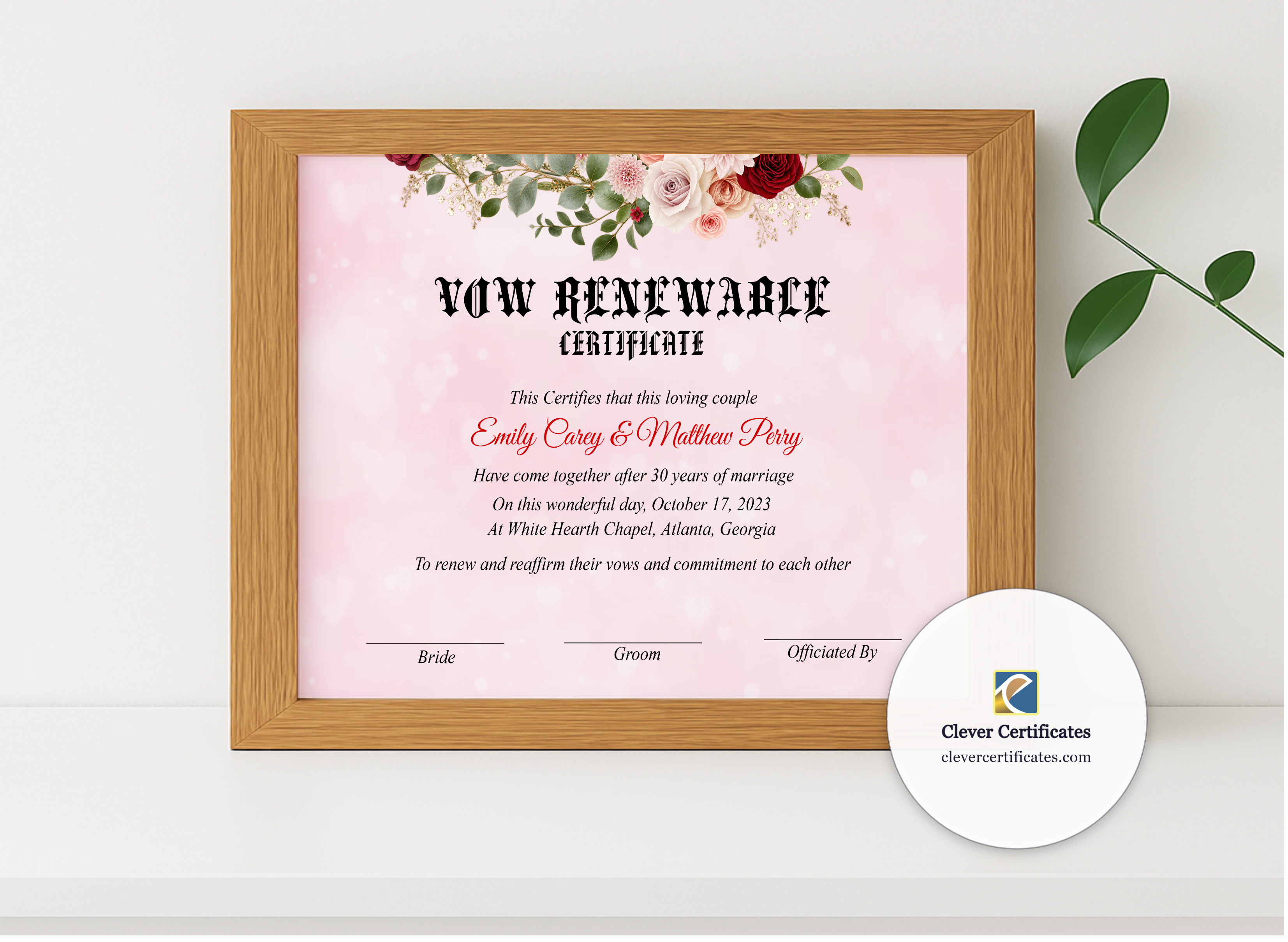 Realistic mockup featuring Vow Renewal Certificate US Letter Landscape displayed within a modern frame, set against a minimalistic background.