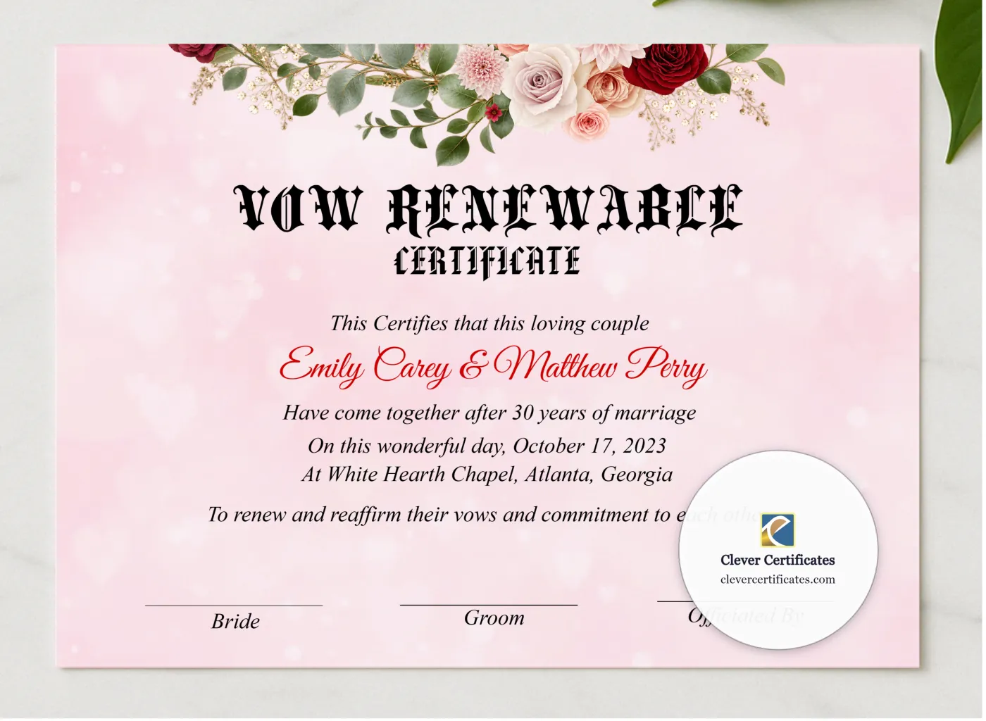 Vow Renewal Certificate US Letter Landscape presented in a sleek wooden frame, elegantly arranged on a stylish table.