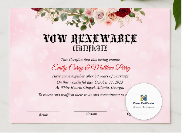 Vow Renewal Certificate US Letter Landscape presented in a sleek wooden frame, elegantly arranged on a stylish table.