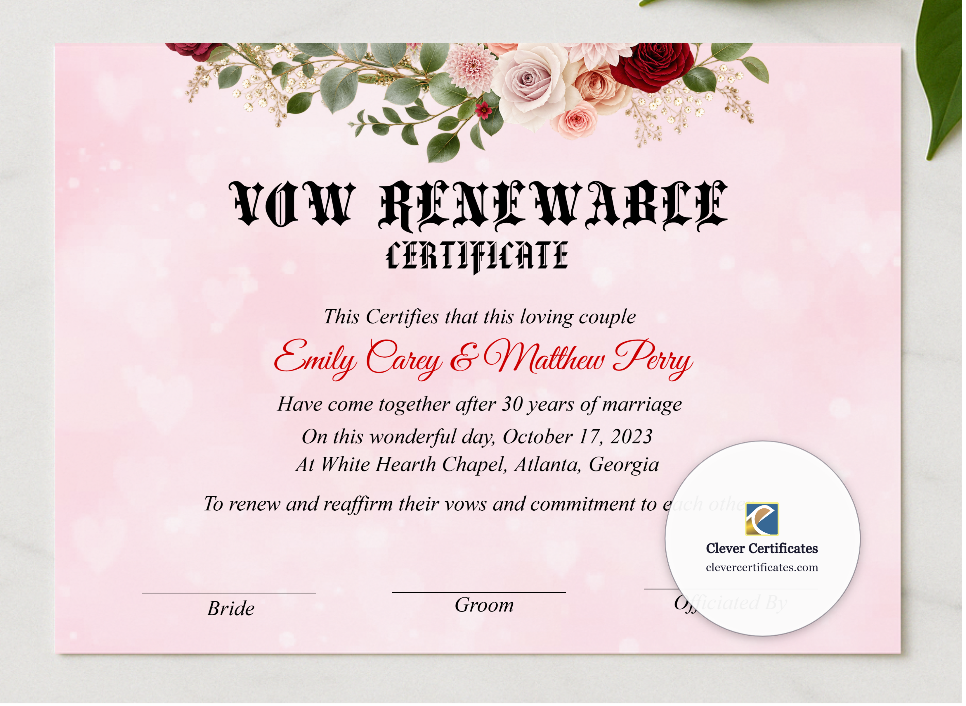 Vow Renewal Certificate US Letter Landscape presented in a sleek wooden frame, elegantly arranged on a stylish table.