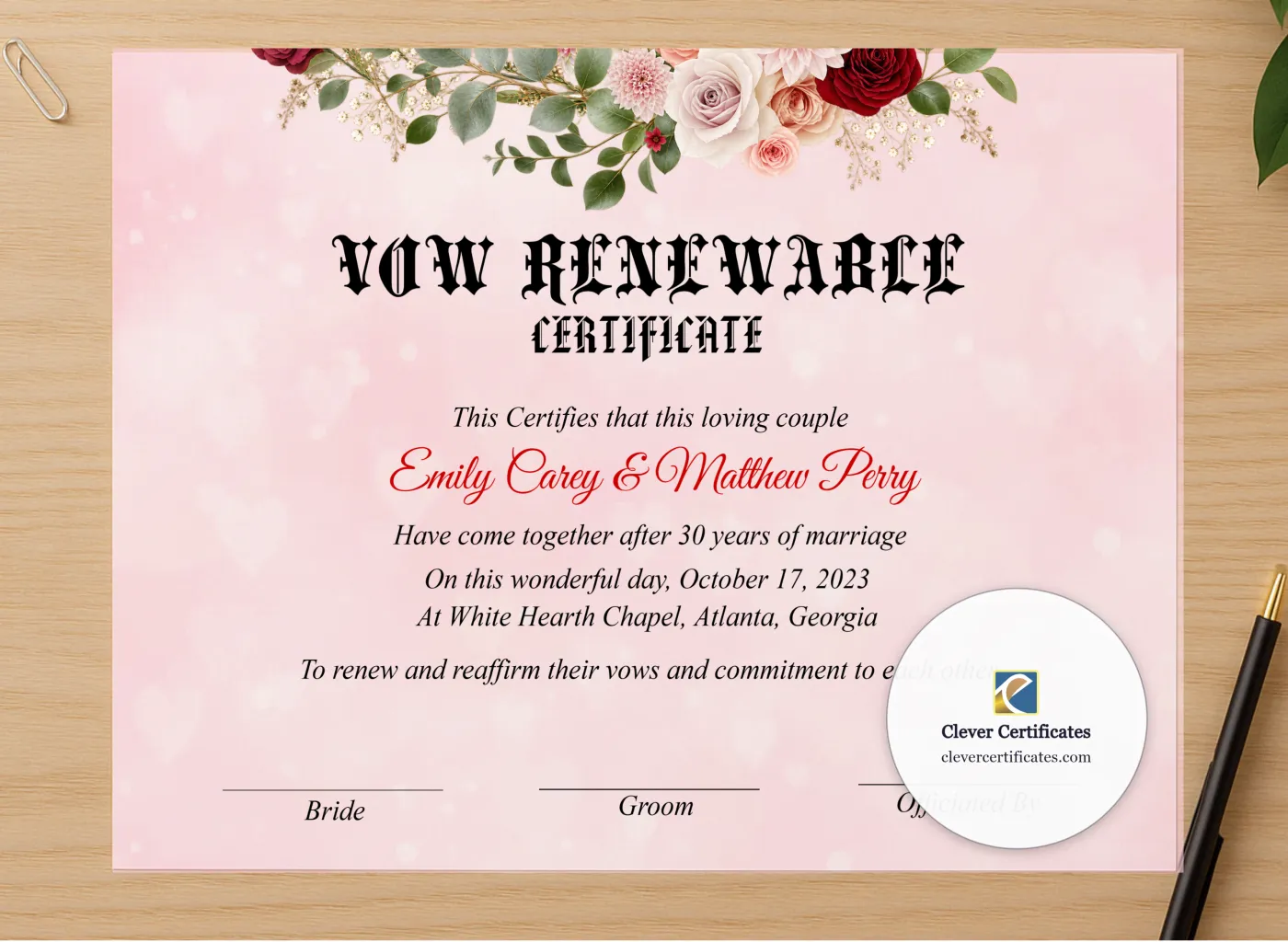Professional preview of Vow Renewal Certificate US Letter Landscape certificate on high-quality stationery paper, ideal for showcasing the final look.