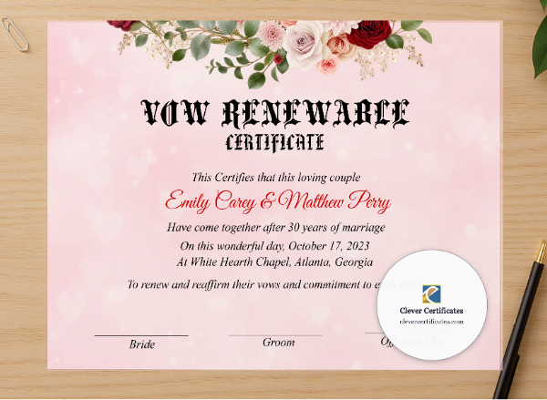 Professional preview of Vow Renewal Certificate US Letter Landscape certificate on high-quality stationery paper, ideal for showcasing the final look.