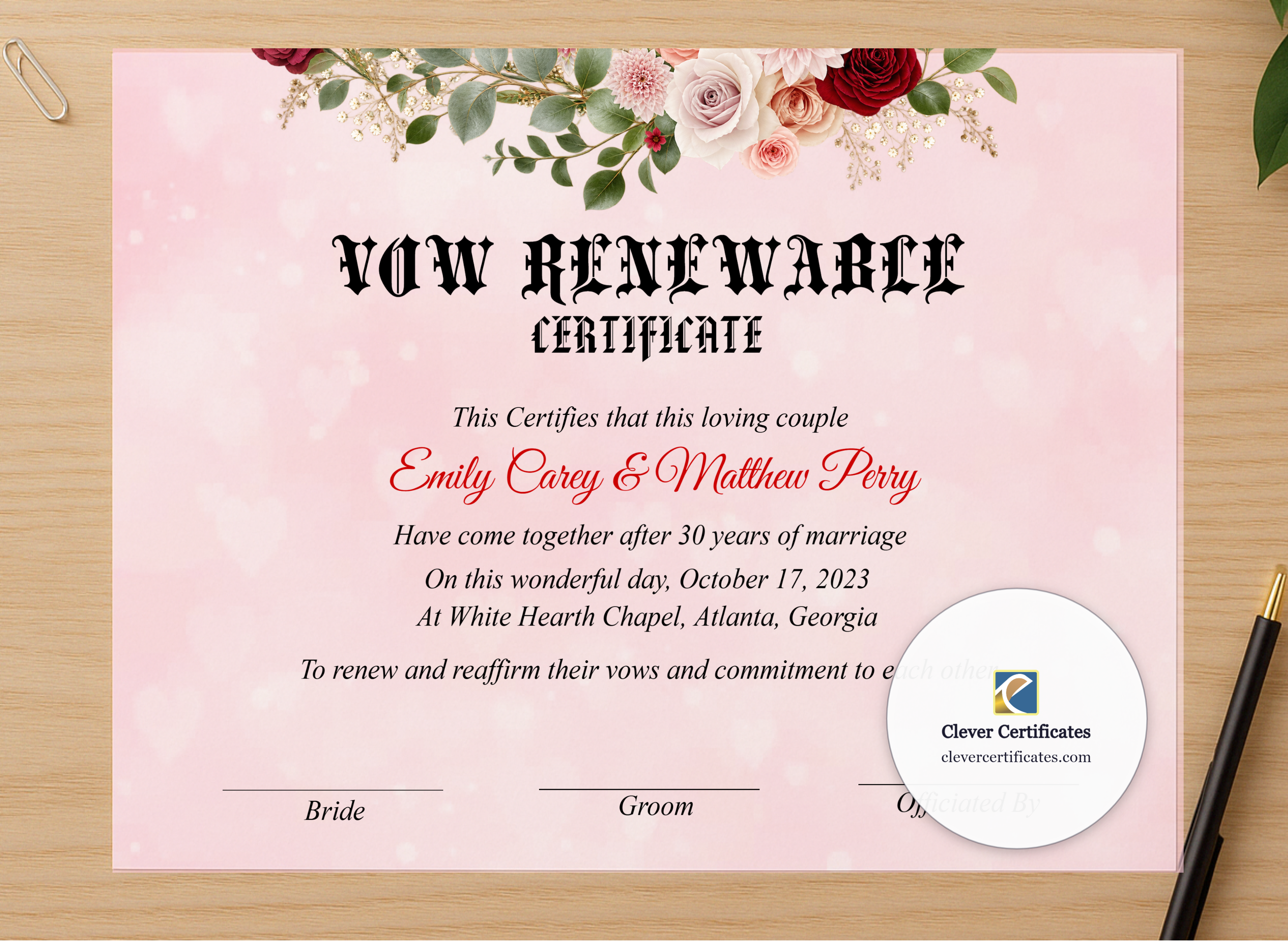 Professional preview of Vow Renewal Certificate US Letter Landscape certificate on high-quality stationery paper, ideal for showcasing the final look.