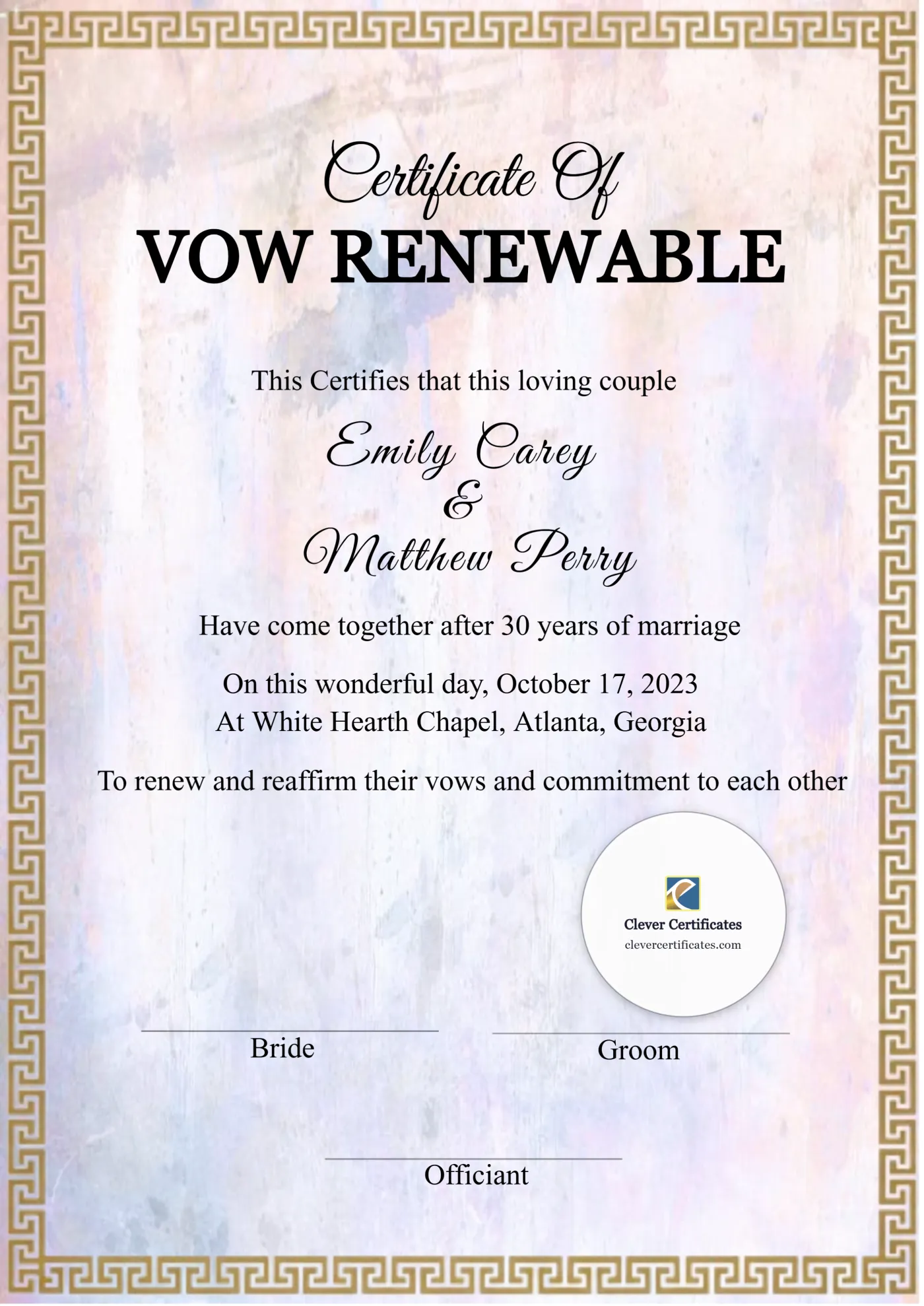 Vow Renewal Certificate A4 Portrait — Certificate Template Preview
