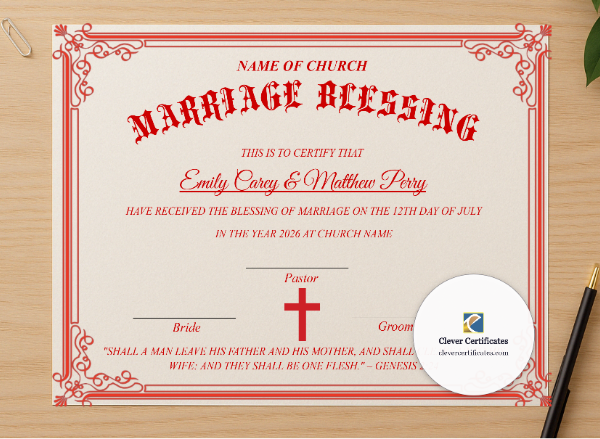 Professional preview of Unity Ceremony Certificate certificate on high-quality stationery paper, ideal for showcasing the final look.