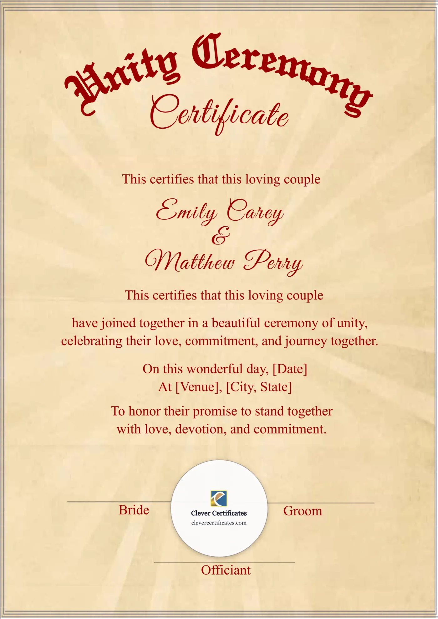 Unity Ceremony Certificate A4 Portrait — Certificate Template Preview