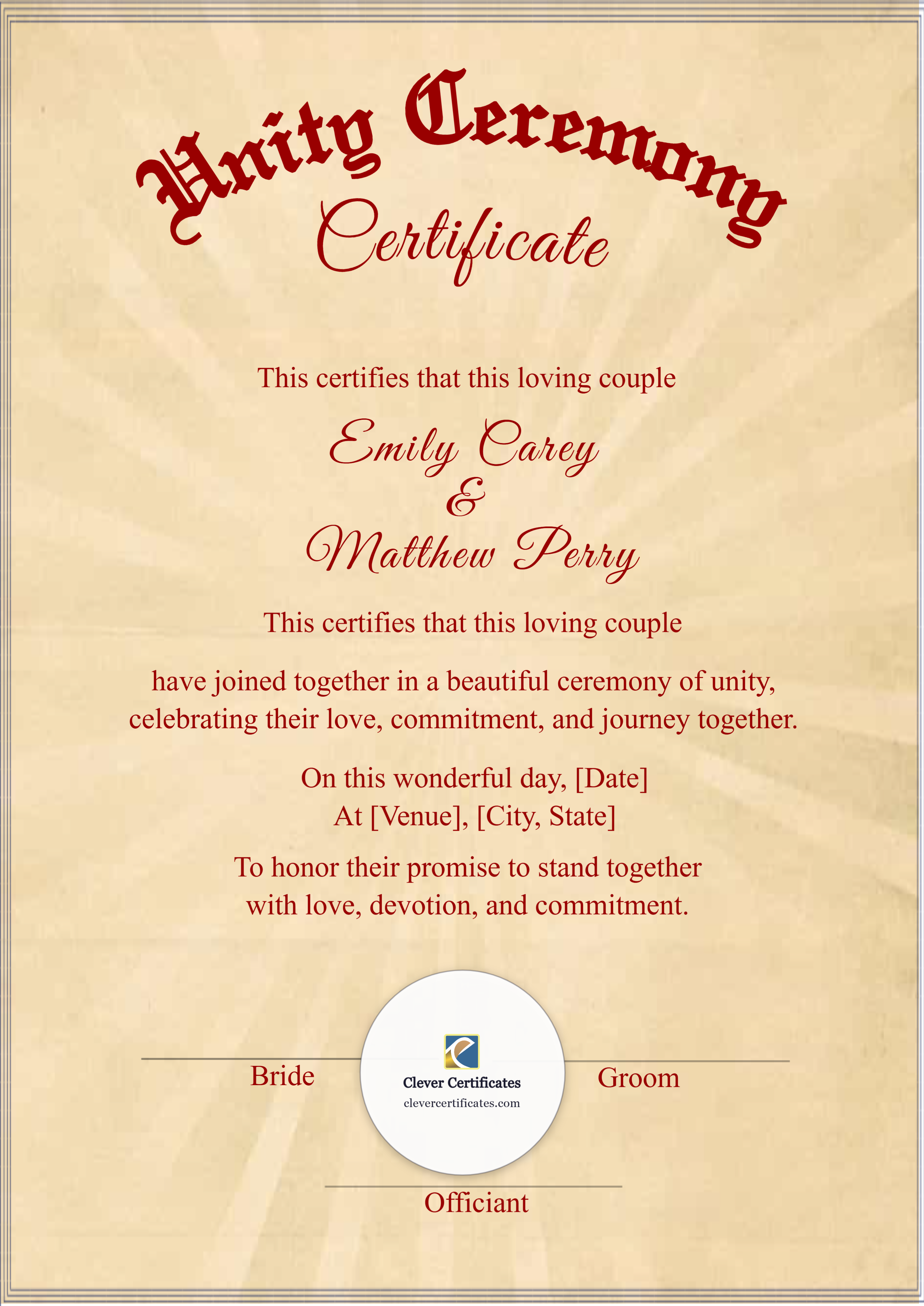 Unity Ceremony Certificate A4 Portrait — Certificate Template Preview