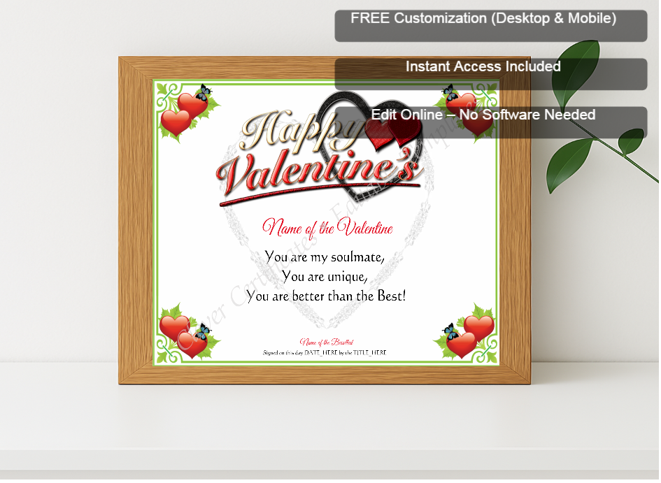 Premium mockup with Free Editor badge stack for Happy Valentine Certificate