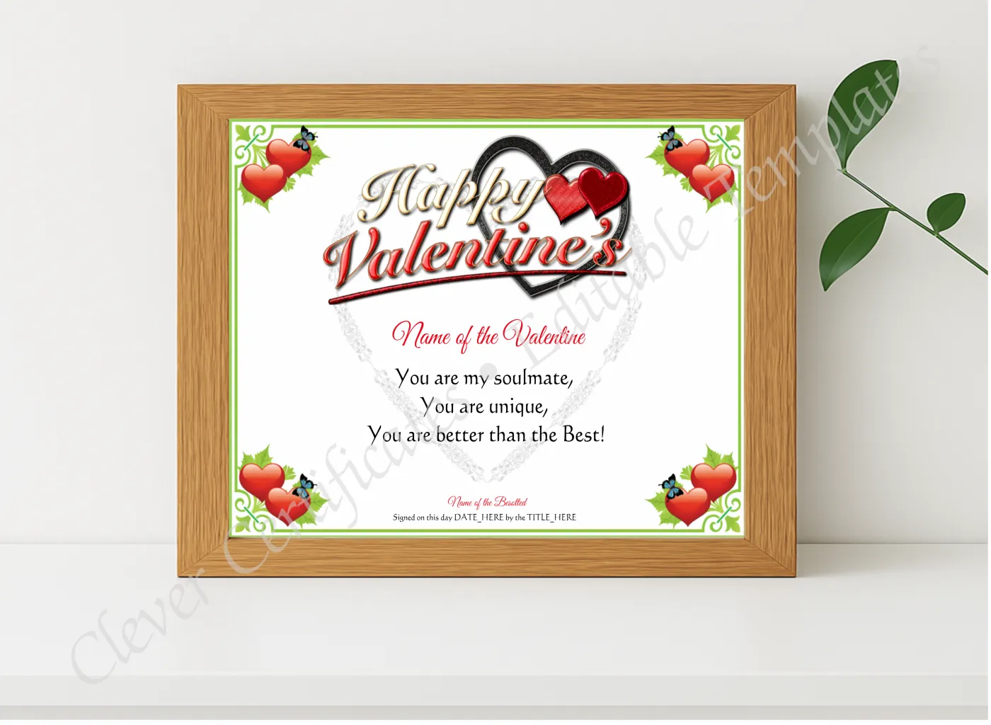Realistic mockup featuring Happy Valentine Certificate displayed within a modern frame, set against a minimalistic background.